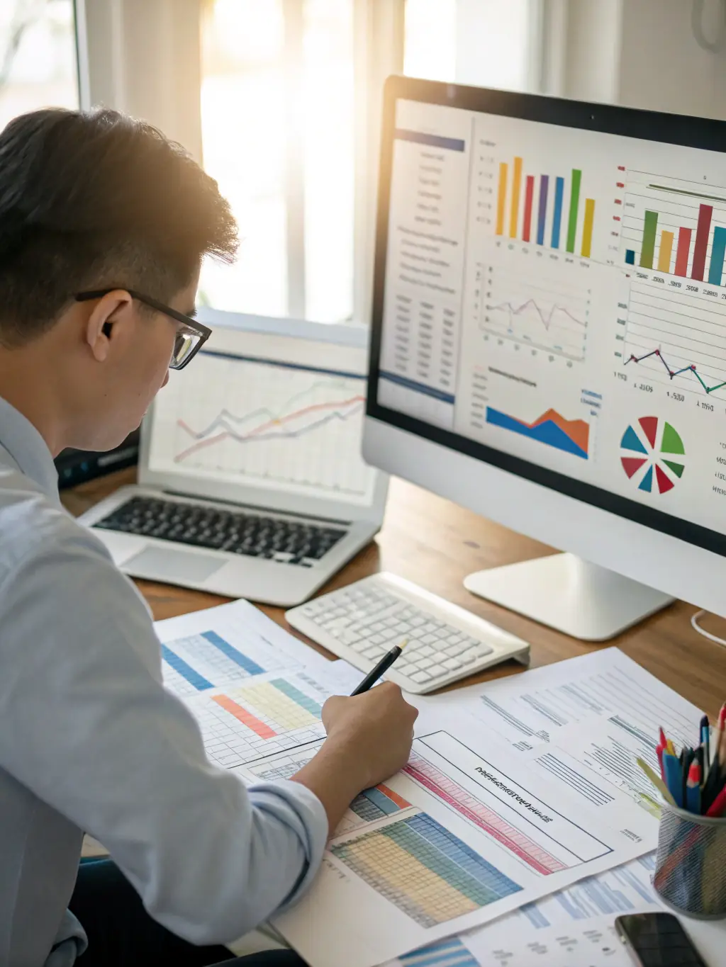 An image showing forensic accountants meticulously tracing digital transactions and financial flows to identify the movement of stolen funds.