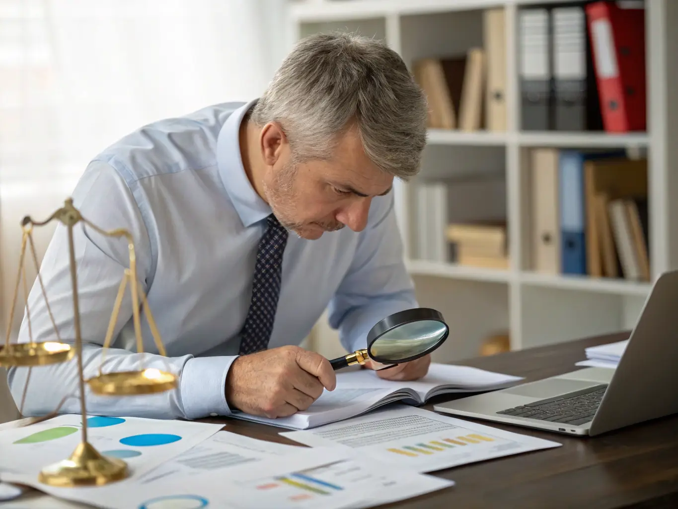 An image depicting a forensic accountant analyzing financial records and tracing transactions, representing the in-depth investigation process.